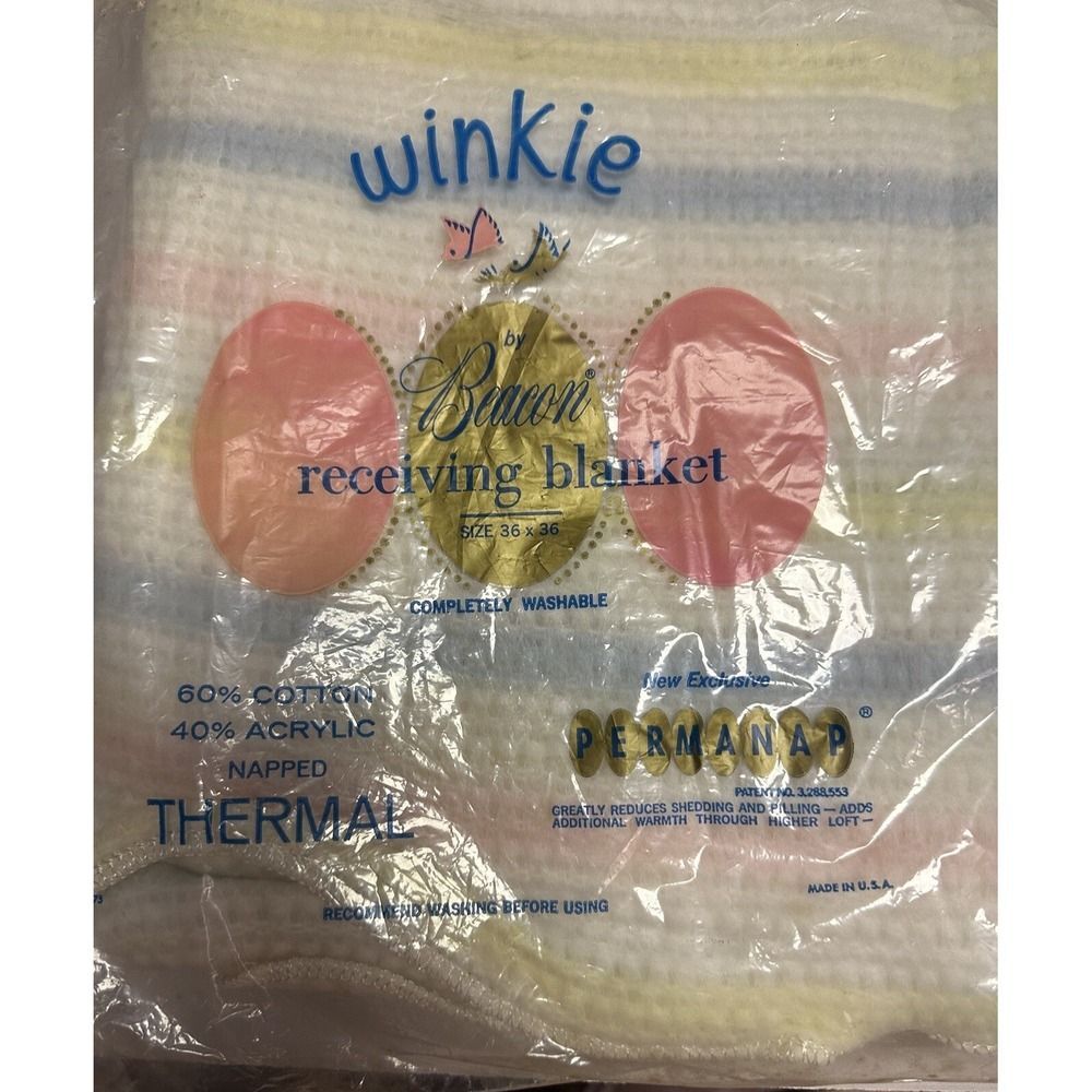 New Vintage Winkie Sealed Pastel Striped Baby Blanket Blue Pink Yellow White